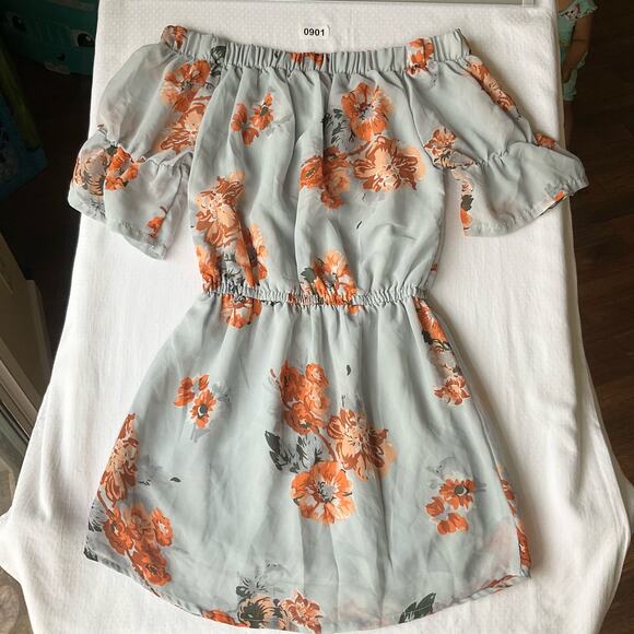 Hint of Blush Off Shoulder Above the Knee Cute Floral Dress size S,Blue & Orange - Picture 9 of 9